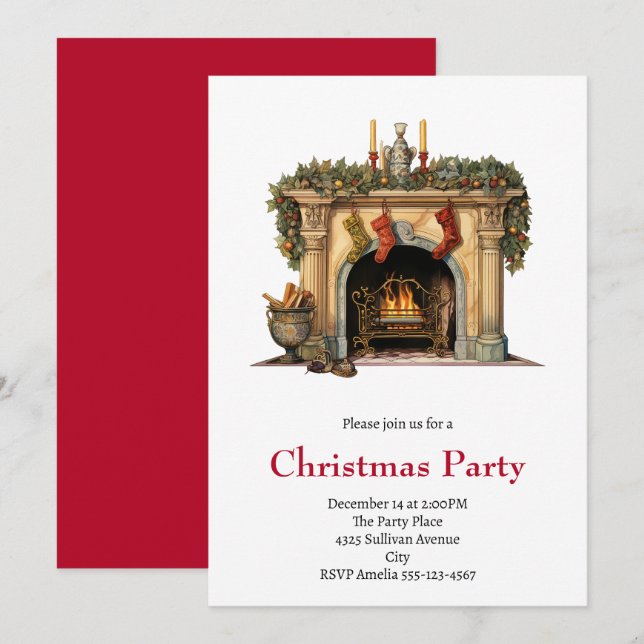Cozy Victorian Fireplace Christmas Invitation (Front/Back)