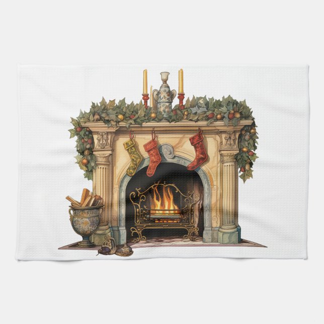 Cozy Victorian Fireplace Christmas Kitchen Towel (Horizontal)