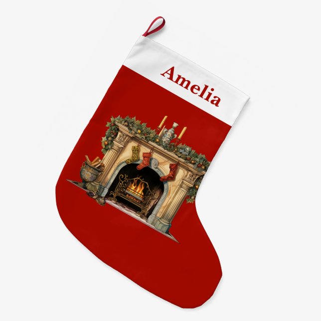 Cozy Victorian Fireplace Christmas Large Christmas Stocking (Front (Hanging))