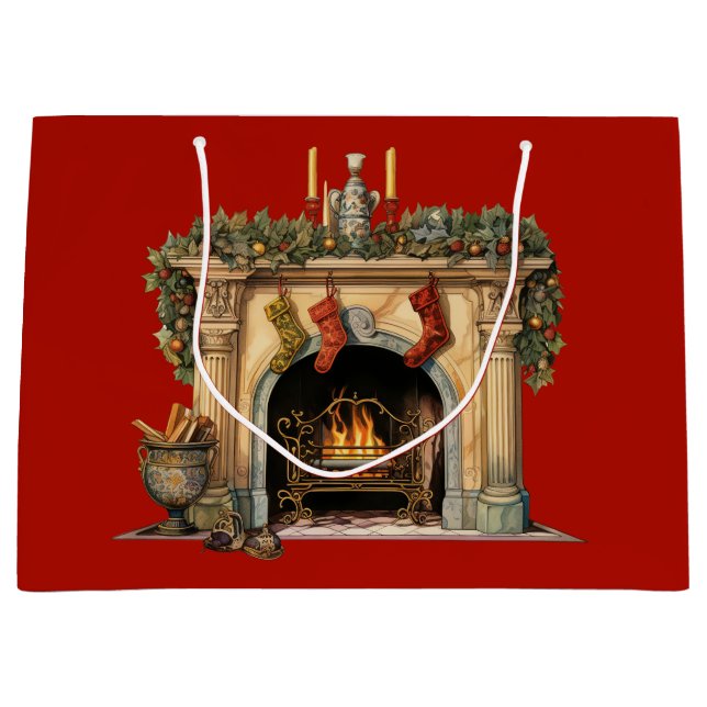 Cozy Victorian Fireplace Christmas Large Gift Bag (Front)