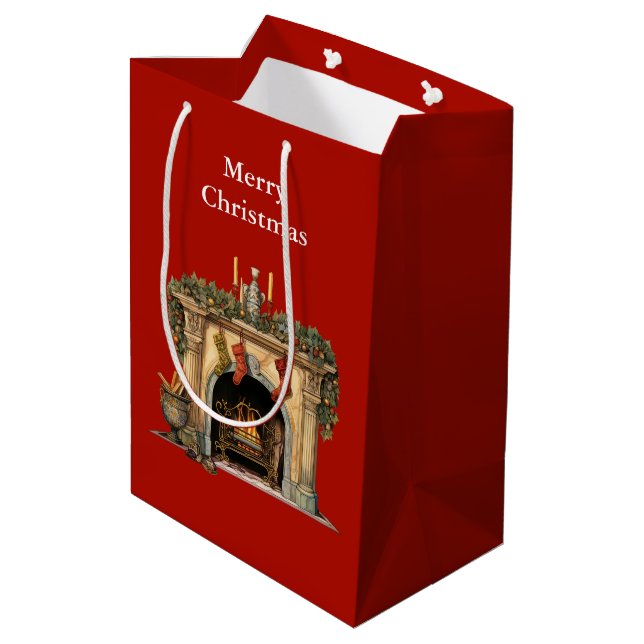 Cozy Victorian Fireplace Christmas Medium Gift Bag (Back Angled)