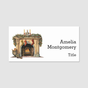 Cozy Victorian Fireplace Christmas Name Tag