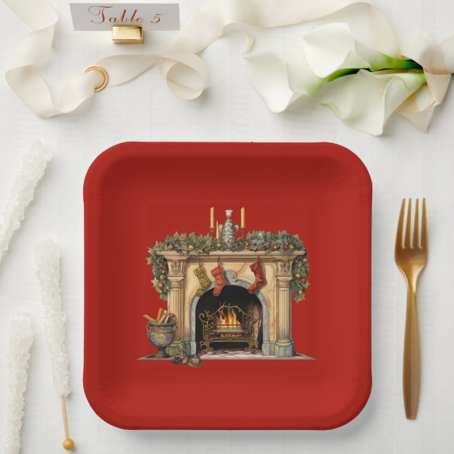 Cozy Victorian Fireplace Christmas Paper Plates (Wedding)