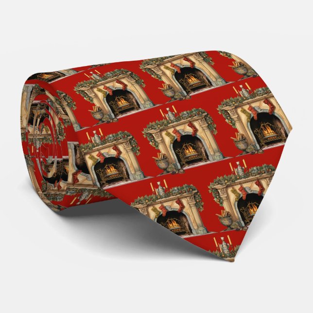 Cozy Victorian Fireplace Christmas Pattern Neck Tie (Rolled)