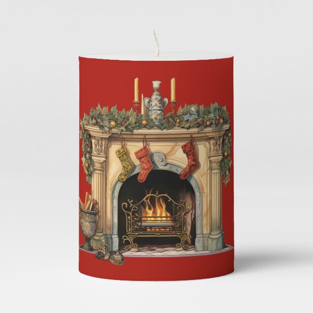 Cozy Victorian Fireplace Christmas Pillar Candle (Front)