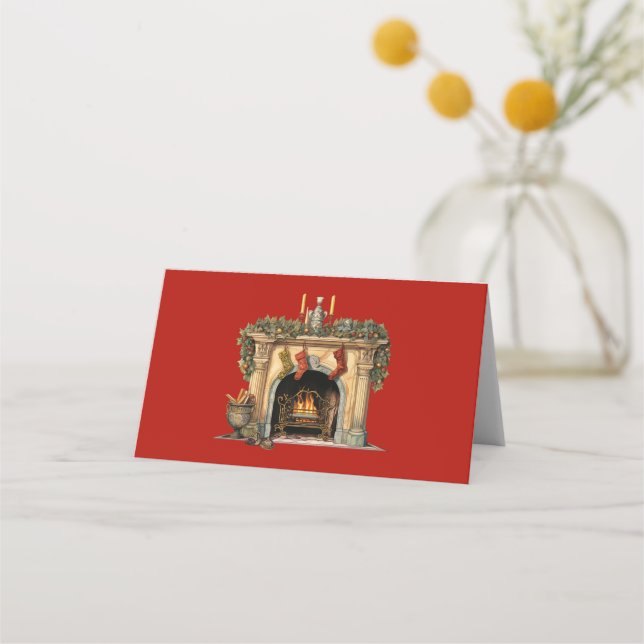 Cozy Victorian Fireplace Christmas Place Card (Front)