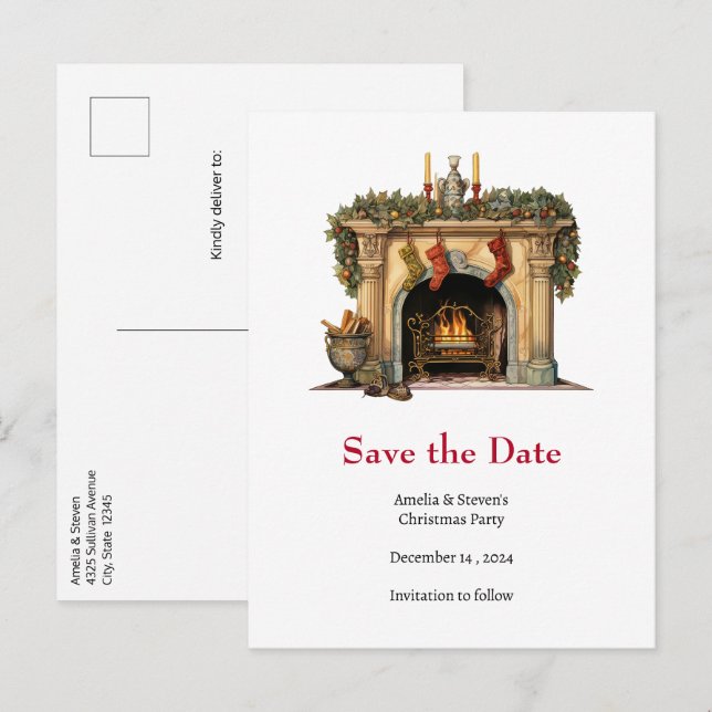 Cozy Victorian Fireplace Christmas Save the Date Announcement Postcard (Front/Back)