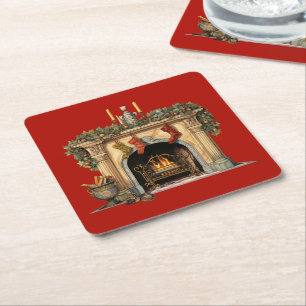 Cozy Victorian Fireplace Christmas Square Paper Coaster