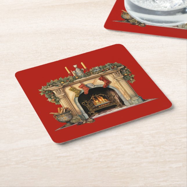 Cozy Victorian Fireplace Christmas Square Paper Coaster (Angled)