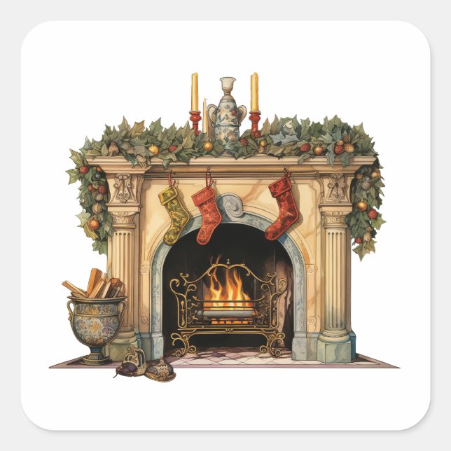 Cozy Victorian Fireplace Christmas Square Sticker (Front)
