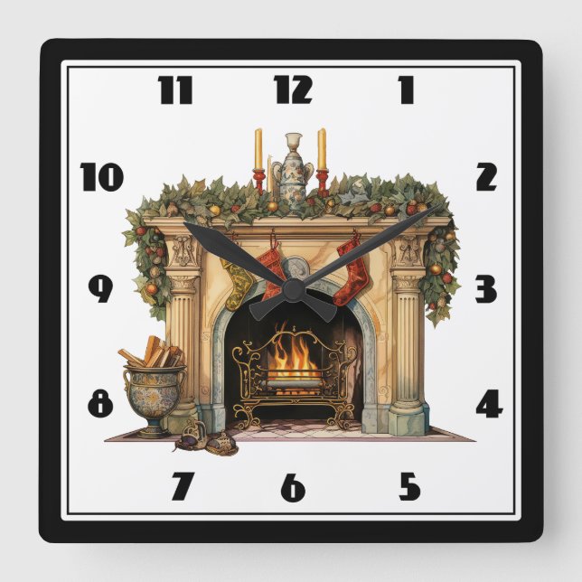 Cozy Victorian Fireplace Christmas Square Wall Clock (Front)