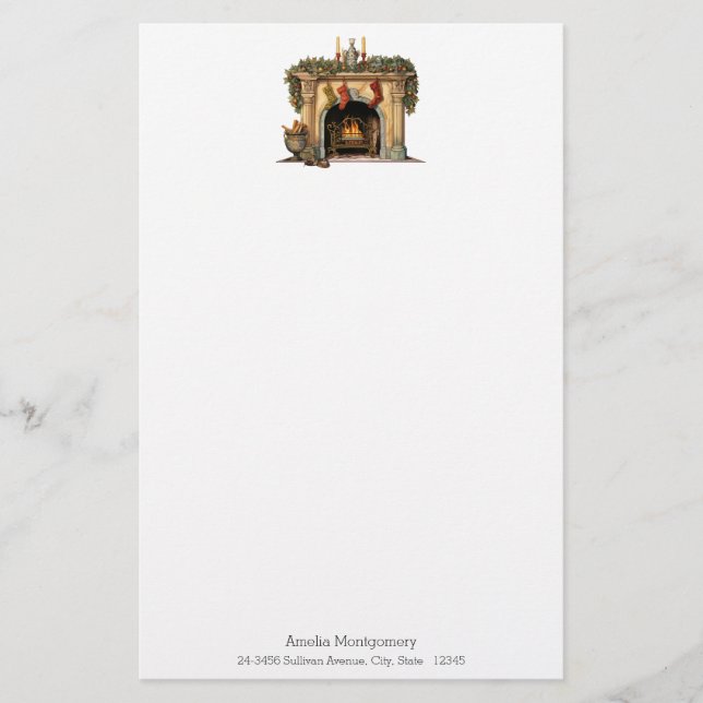Cozy Victorian Fireplace Christmas Stationery (Front)