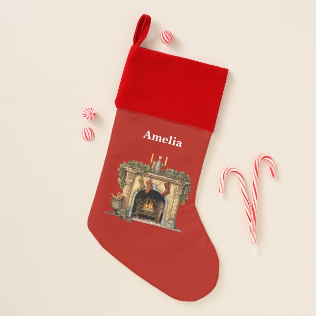 Cozy Victorian Fireplace Christmas Stocking (Front)