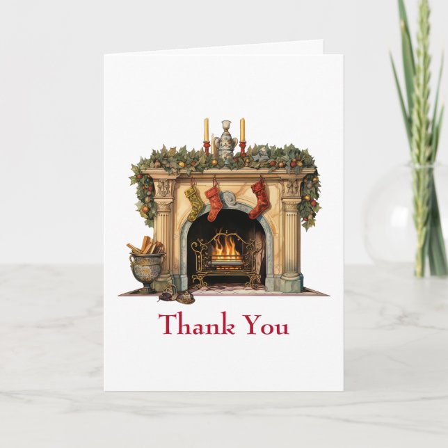 Cozy Victorian Fireplace Christmas Thank You Card (Front)