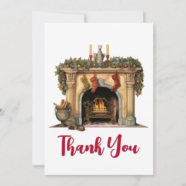 Cozy Victorian Fireplace Christmas Thank You Card (Front)