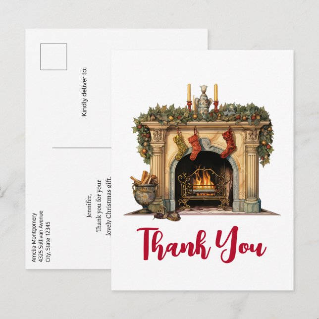 Cozy Victorian Fireplace Christmas Thank You Postcard (Front/Back)