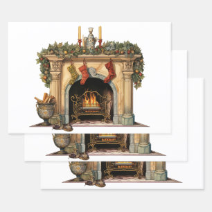 Cozy Victorian Fireplace Christmas Wrapping Paper Sheets