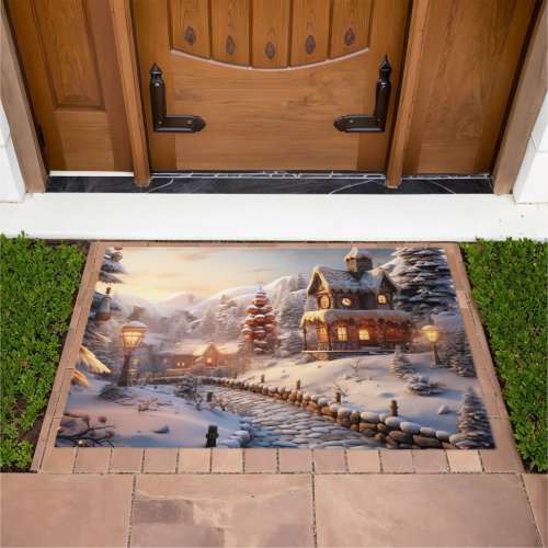 Cozy Village at Christmas illustration Doormat