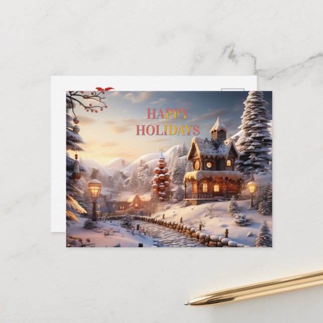 Cozy Village at Christmas illustration Holiday Postcard (Front/Back In Situ)