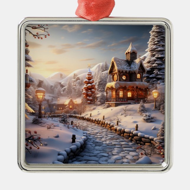 Cozy Village at Christmas illustration Metal Ornament (Front)