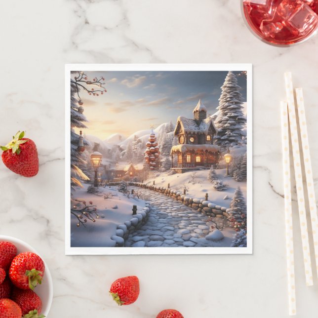 Cozy Village at Christmas illustration Napkins (Insitu)