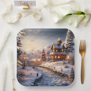 Cozy Village at Christmas illustration Paper Plates