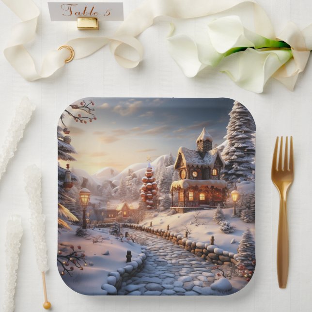 Cozy Village at Christmas illustration Paper Plates (Wedding)
