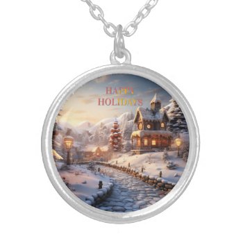 Cozy Village At Christmas Illustration Silver Plated Necklace by Virginia5050 at Zazzle