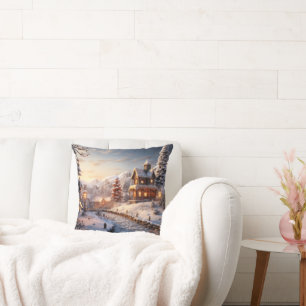 Cozy Village at Christmas illustration Throw Pillow