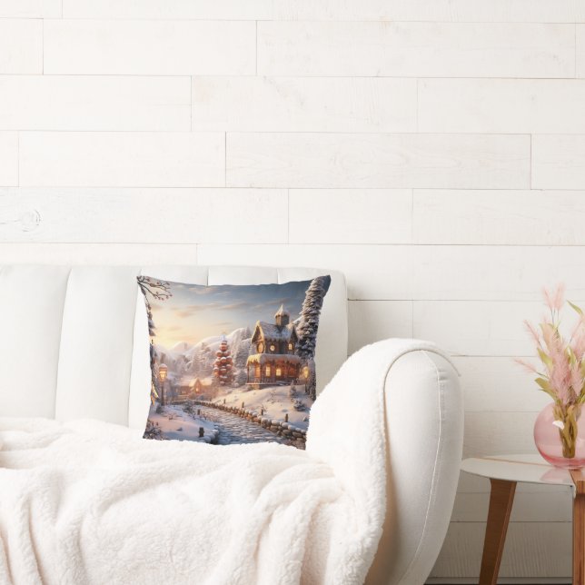 Cozy Village at Christmas illustration Throw Pillow (Couch)