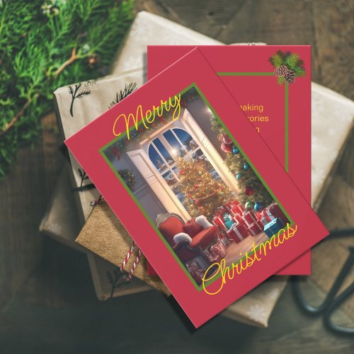 Cozy Vintage Christmas Scene on Red Background Holiday Card