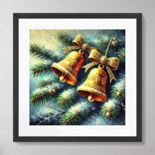 Cozy vintage gold Christmas bells snowy pine cones Framed Art