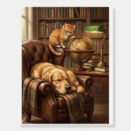 Cozy Vintage Library Dog And Cat Study Fleece Blan Foam Board