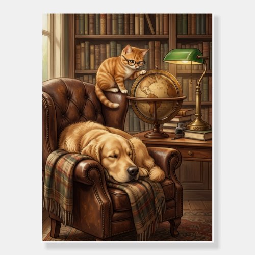 Cozy Vintage Library Dog And Cat Study Fleece Blan Foam Board