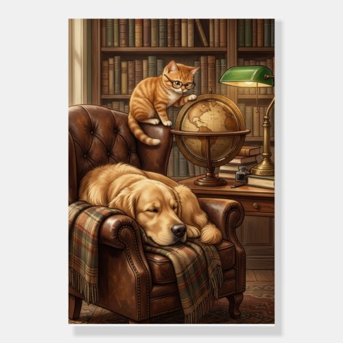 Cozy Vintage Library Dog And Cat Study Fleece Blan Foam Board