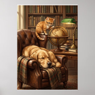 Cozy Vintage Library Dog And Cat Study Fleece Blan Poster