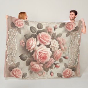 Cozy Vintage Pink Rose Floral Fleece Blanket 