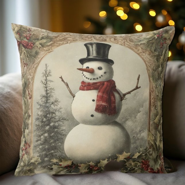 Cozy Vintage Snowman Christmas Throw Pillow (Rustic Christmas Snowman Pillow)