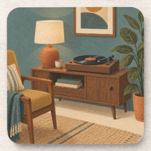 Cozy Vinyl Record Player in Midcentury Teal Room Beverage Coaster