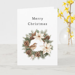 Cozy Warm Christmas Poinsettia Pine Cones Bird Card
