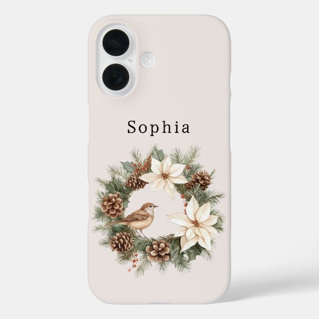 Cozy Warm Christmas Poinsettia Pine Cones Bird Case-Mate iPhone Case (Back)