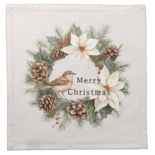 Cozy Warm Christmas Poinsettia Pine Cones Bird Cloth Napkin