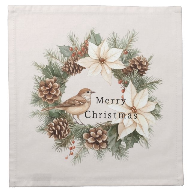 Cozy Warm Christmas Poinsettia Pine Cones Bird Cloth Napkin (Front)