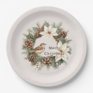 Cozy Warm Christmas Poinsettia Pine Cones Bird Paper Plates