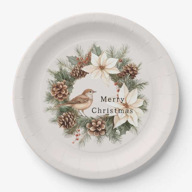 Cozy Warm Christmas Poinsettia Pine Cones Bird Paper Plates (Front)
