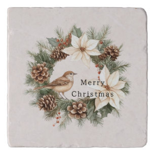 Cozy Warm Christmas Poinsettia Pine Cones Bird Trivet