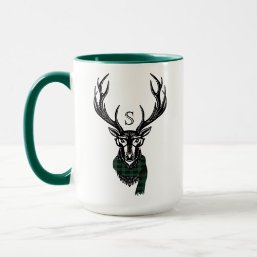 Cozy  Warm  Green Buffalo Plaid Deer Monogram Mug