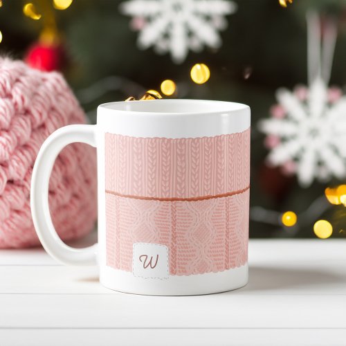 Cozy  Warm Knitted Pink Sweater Sleeve Monogram Coffee Mug