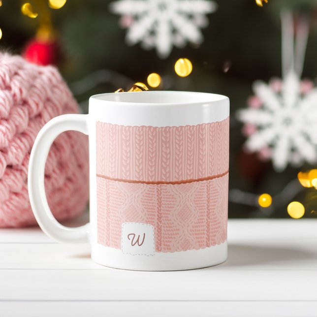 Cozy & Warm Knitted Pink Sweater Sleeve Monogram Coffee Mug (Cozy & Warm Knitted Pink Sweater Sleeve Monogram Coffee Mug)