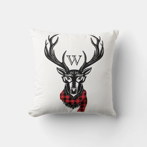 Cozy  Warm  Red Buffalo Plaid Deer Head Monogram Throw Pillow